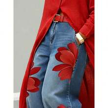 Pantalones vaqueros de moda, talle alto, estampado floral, pierna ancha y corte holgado - Rojo - Ver 4