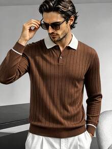 Autumn/Winter Vintage British Vertical Striped Knit Polo Men's Contrast Trim Detail Design Versatile Loose Fit Knit Top - Brown - View 3