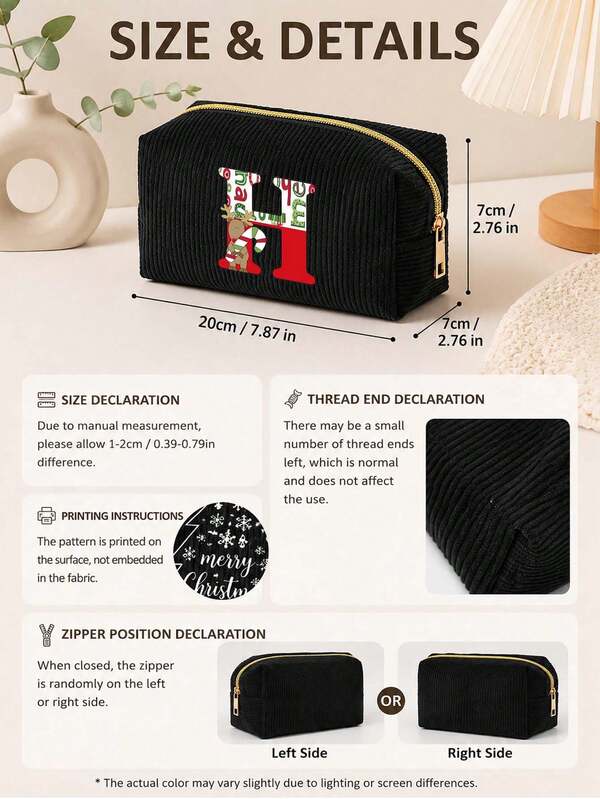 1pc Christmas Letter Pattern Storage Bag - Black Christmas Letter Storage Bag, Printed With A-Z Letters, Large Capacity Coin Purse, Girls' Coin Pouch. Makeup & Toiletries Storage Bag, Compact And Portable, Meets Daily Travel Storage Needs, Ideal Gift For Travel Enthusiasts, Also Suitable For Personal Use; Best Christmas Gift