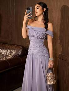 Gaun Formal Panjang Lipit Berpayet Warna Blok Bahu Terbuka Elegan untuk Wanita, Gaun Pesta 2-in-1 yang Menawan dengan Hem Mengembang - Mauve Purple - View 7