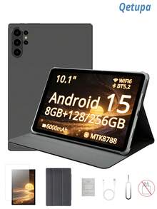 Qetupa 10.1吋 Android 15 平板電腦，附保護套、保護貼，8GB 記憶體 + 128/256GB 儲存空間（可擴充至 1TB），高清 (1280x800) IPS 觸控螢幕，500 萬像素前置鏡頭與 1300 萬像素後置鏡頭，6000mAh 電池（不含充電頭） - 黑色 - 查看 1