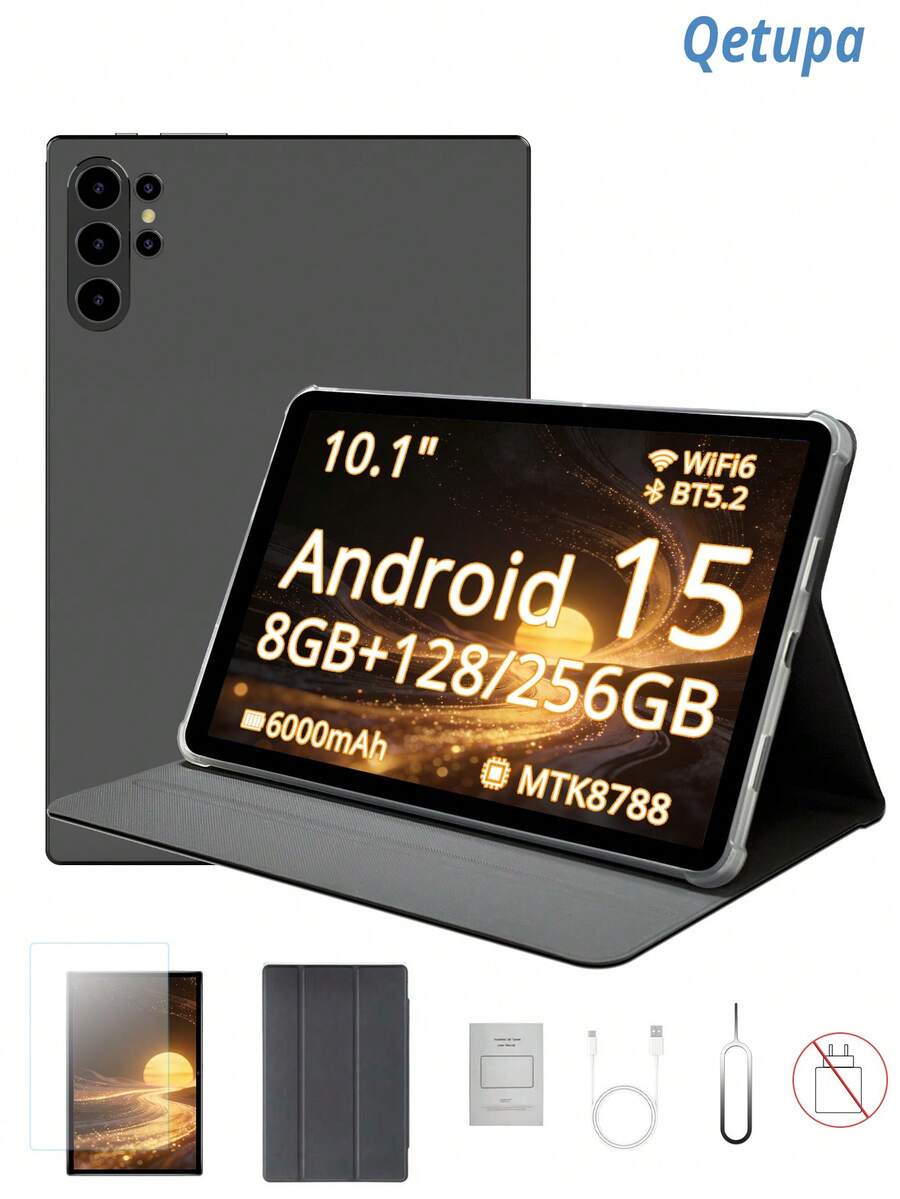 Qetupa 10.1吋 Android 15 平板電腦,附保護套、保護貼,8GB 記憶體 + 128/256GB 儲存空間(可擴充至 1TB),高清 (1280x800) IPS 觸控螢幕,500 萬像素前置鏡頭與 1300 萬像素後置鏡頭,6000mAh 電池(不含充電頭) - 黑色 - 查看 1