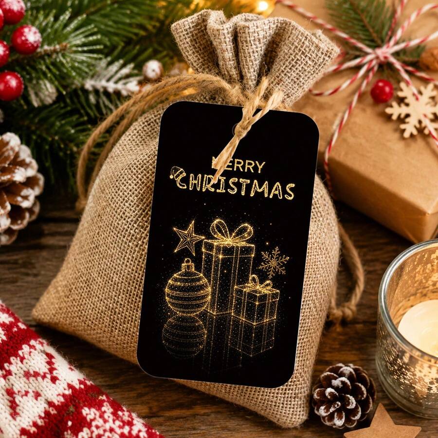 50pcs Merry Christmas Gift Tags With Jute Rope, Black And Gold Holiday Design, Featuring Reindeer, Christmas Tree And Wreath Patterns, Suitable For Gift Wrapping, Gift Bags And Party Favor Decoration