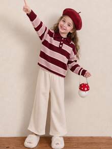 Girls Striped Knit Polo Sweater, Long Sleeve Casual Pullover Top For School, Daily Wear, Weekend & Autumn Winter - Multicolor - View 4