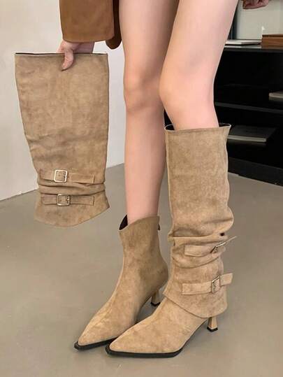 hanxiangyuzu Women's Pointed Toe Ruched Stacked Boots, 2026 Autumn/Winter New Style, Belt Buckle Kitten Heel Tall Boots, Detachable 2-In-1 Wear, Holiday