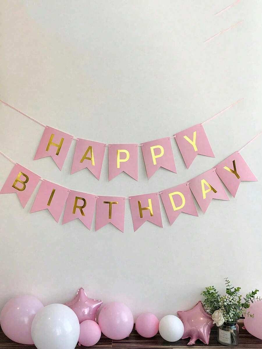 1 Set Pink Happy Birthday Paper Bunting, Modern Metallic Letter Graphic Decorative Banner, Suitable For Birthday Party Event Decoration - Pink - View 1