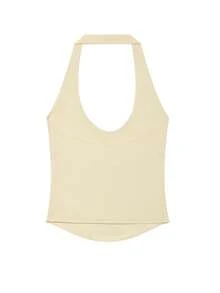 Crop Knit Halter Top Women Yellow Backless Basic Halter Neck Tank Tops Sleeveless Off The Shoulder Bodycon Cami Summer Ribbed Slim Fit Going Out Vest - Light Yellow - View 6
