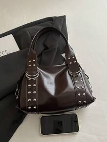 Korean Style Rivet Textured Commuter Work 2026 Large Capacity Hot Girl Motorcycle Handbag Shoulder Underarm Bag - Coffee - View 10