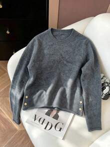 1pc Solid Color Minimalist Premium Comfortable Inner Layer Wearable Versatile Commute Crew Neck Long Sleeve Pullover Knit Sweater - Grey - View 6