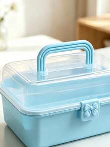 3-Tier Foldable Transparent Storage Box With Bow Detail – Stackable Organizer For Home Desktops; Collapsible & Space-Saving; Portable Handheld Case For Sorting Craft Parts & Sundries; Suitable For Teacher's Day, Christmas, And Halloween. - A - View 1