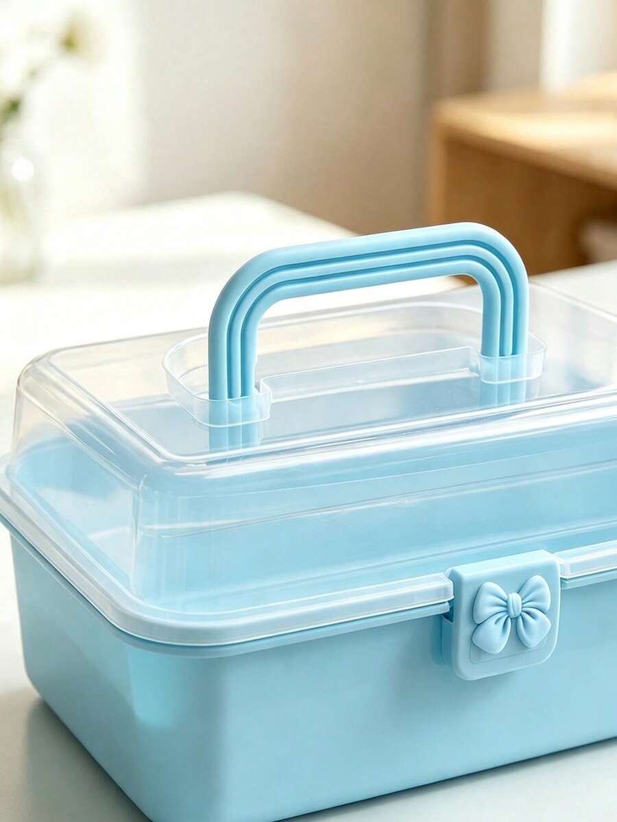3-Tier Foldable Transparent Storage Box With Bow Detail – Stackable Organizer For Home Desktops; Collapsible & Space-Saving; Portable Handheld Case For Sorting Craft Parts & Sundries; Suitable For Teacher's Day, Christmas, And Halloween. - A - View 1