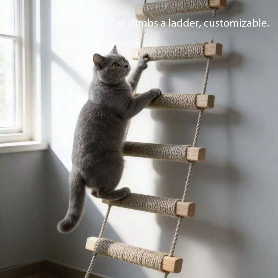 1 buah Tangga Gantung Kucing, Cocok untuk Bermain, Memanjat, dan Menggaruk, Tangga Dinding Kucing, Panjang 50cm/100cm, Kayu Pinus Alami, Kokoh dan Tahan Lama, Beban Maksimum 12kg (26lb) - Aprikot - View 1