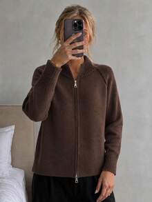 Wixra Korean Loose Knit Cardigan, Stand Collar Raglan Sleeve, Two-Way Zipper Design, Collegiate Style, Essential For Layering In Autumn/Winter - Brown - View 1