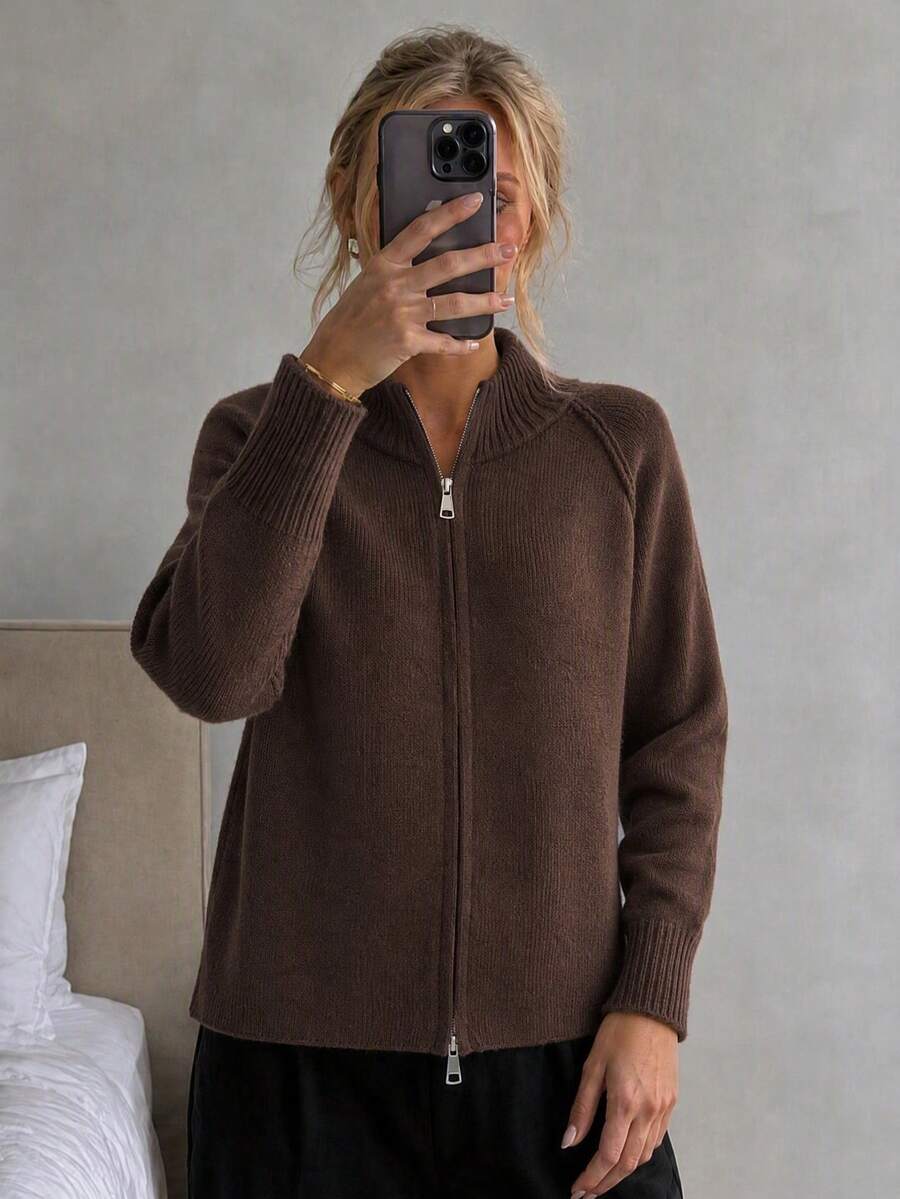 Wixra Korean Loose Knit Cardigan, Stand Collar Raglan Sleeve, Two-Way Zipper Design, Collegiate Style, Essential For Layering In Autumn/Winter - Brown - View 1