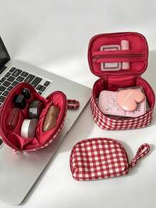 Portable Travel Makeup Bag - Classic Red Plaid Design - Fashionable Design - Easy To Carry - Multi-Functional Portable Storage Bag - Lipstick And Eyebrow Pencil Storage Bag - Makeup Storage Bag - Multicolor - View 6