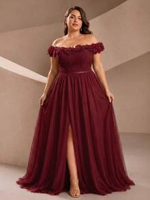 VIPGIRL Women's Elegant Plus Size Off-Shoulder Formal Evening Gown, 3D Rose Mesh Detail, Long Flare Ball Gown - Burgundy - View 5