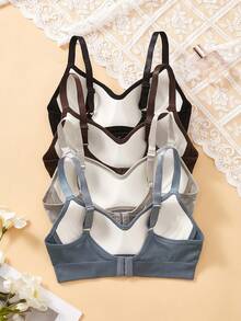4PCS Women Seamless Solid Lace Wireless Bras, Adjustable Straps, 3D Cups, Soft Comfy Daily & Light Sports Intimates - Multicolor - View 3