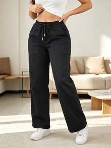 Pantalones vaqueros de corte amplio con cinturón elástico y cordón, bolsillos de trabajo amplios, tela suave lavada para disimular las piernas y favorecer la silueta casual diaria - Negro - Ver 6