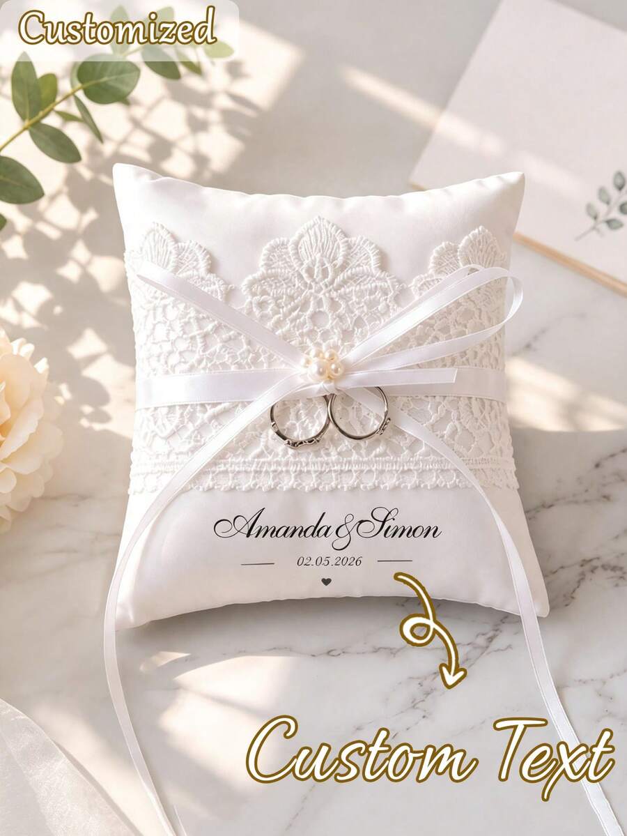 Personalized Lace Wedding Ring Bearer Pillow, Customized Name, Date & Text, Engagement Ceremony Ring Cushion, Romantic Bride Wedding Party Keepsake Gift - Multicolor - View 1