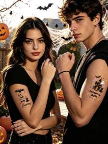 4-40PCS Custom Halloween Temporary Tattoo, Personalized Name Fake Tattoo Sticker, Spooky Ghost Bat Haunted House Style, Customized Body Tattoo For Halloween Party, Customizable Costume Accessory, Halloween Favor, Unique Holiday Gift, Halloween Gifts - Black and White - View 7