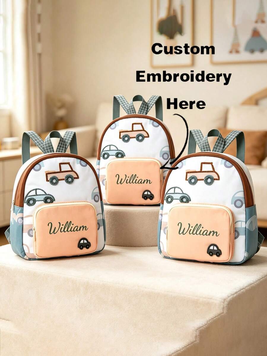 Embroidered Customization, Personalized Your Name, Cute Backpack, Car-Shaped Backpack, Multi-Functional Fashion Casual Travel Bag, Multi-Purpose Canvas Storage Bag - Multicolor - View 1