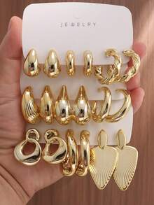 6/18PCS Fashionable Elegant Water Drop Twisted Geometric Textured Metallic Earrings Set Suitable For Party, Banquet, Travel, Wedding, Vacation, Daily Wear Jewelry Gift (Lightweight ABS Material, Non-Fading) - Gold - View 7