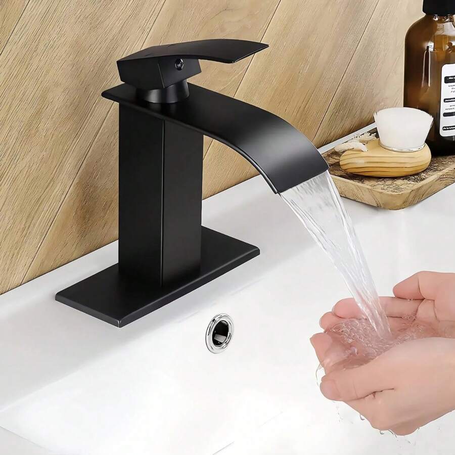 FEELSO Matte Black Waterfall Bathroom Faucet - Single Handle Mixer Tap For 1/3 Hole Sinks | Includes Deck Plate, Pop-Up Drain & Supply Hoses | Modern Vessel Vanity Set