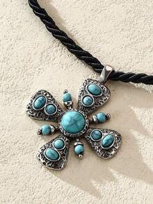 Nocturel 1 buah Kalung Liontin Salib Bertatahkan Batu Turkuois Gaya Bohemian Vintage, Cocok untuk Pemakaian Sehari-hari Wanita - Kalung Salib Pirus - View 2