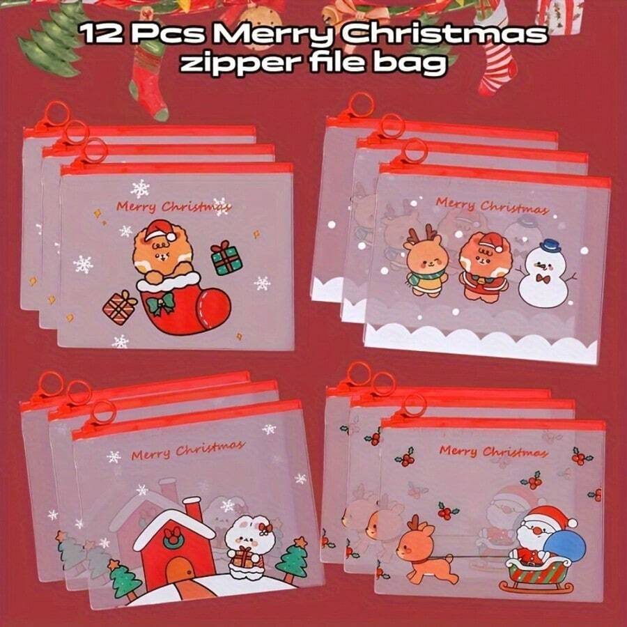 12/24pcs Christmas Cartoon PVC Zipper File Bags, Gift For Friends And Colleagues, Cute Transparent Stationery Storage Bags, Multi-Functional Gift - A - View 1
