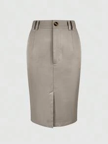 Jisfaneya Elegant Women's Polyester Knee-Length Straight Skirt With Front Slit And Pockets, Perfect For Fall Fashion - Light Khaki - View 5