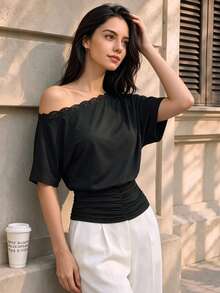 Women Fall Lace Trim One‑Shoulder Short Sleeve Top, Ruched Waist Batwing Sleeve Casual Blouse - Black - View 2