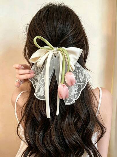 1pc Women's French Vintage Pearl Bow Hair Claw Clip, Lace Pendant Tulip Flower Hair Clip, Ballet Style Elegant Hair Accessory, Suitable For Spring/Summer Wedding And Vacation