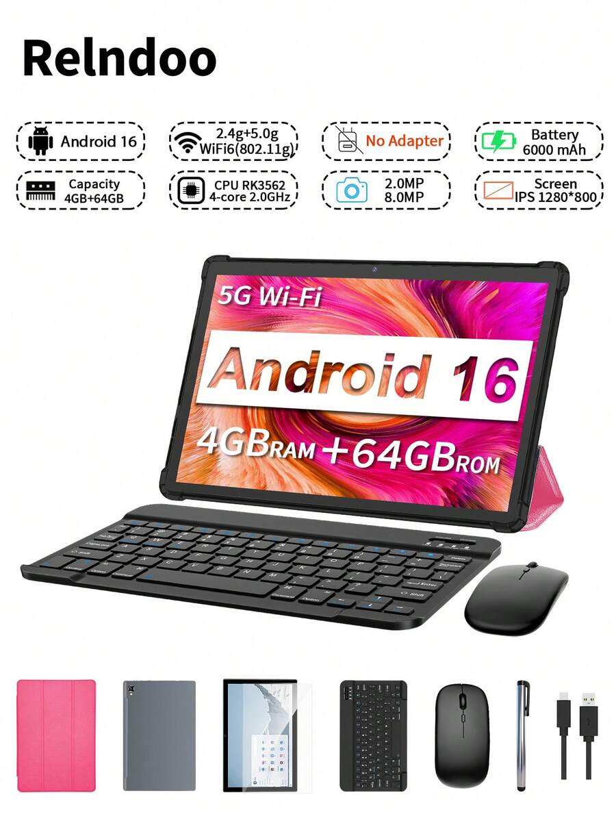 Relndoo 2026 TopS 10吋 Android 16 平板電腦，(4GB+16GB) RAM +64GB ROM，RK3562 四核 2.0GHz，1280*800px HD 觸控螢幕，6000mAh 電池，802.11n Wifi6 2.4g/5g，2MP+8MP 雙鏡頭，適用於線上課程、小說、閱讀、影片串流、辦公工作（不含適配器） - 粉色 - 查看 1