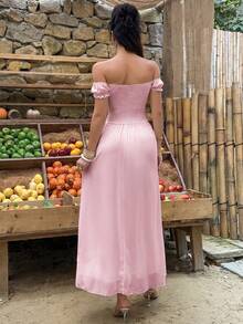 Women's Elegant Pink Off-Shoulder Short Sleeve Fitted Dress With Slit Design, Perfect For Formal Occasions Or Bridesmaid Dress - Pink - View 2