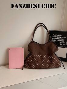 Influencer Style Polka Dot Tote Bag With Colorblock Design, 3D Letter Print, Soft Body, Large Capacity Storage, Women's Casual Underarm Bag - Coffee - View 4