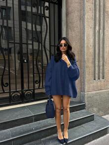Plus Size Women Solid Crew Neck Pullover, Casual Elegant Long Sleeve Sweater, Autumn Winter Outfit For Daily Commute Date - Navy Blue - View 6