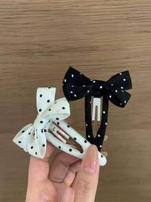 4件裝波點蝴蝶結髮夾，復古布料BB髮夾，甜美側瀏海髮夾，女性日常髮飾 - 黑與白 - 查看 4