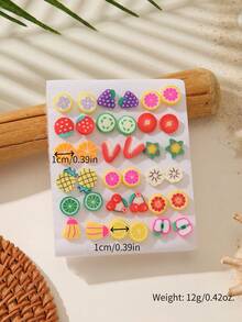 36 Pairs Girls Cute Colorful Soft Clay Fruit & Animal Plastic Earrings Set Without Box, Best Birthday Gift For Friends (Random Color & Style) - Multicolor - View 12