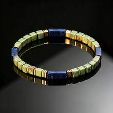 Lapis Lazuli Green Stone Cube Bracelet, Gold Spacer Elastic Stretch Bracelet, Vintage Style Jewelry Gift For Men And Women - Multicolor - View 3