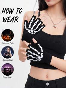 1 Pair Halloween Glow-In-The-Dark Skeleton Fingerless Knit Gloves, Ghost Hand Cosplay Party Costume Accessory - A - View 2