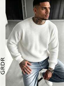 Suéter de cuello redondo de manga larga con tejido jacquard casual para hombre GRDR - Blanco - Ver 2