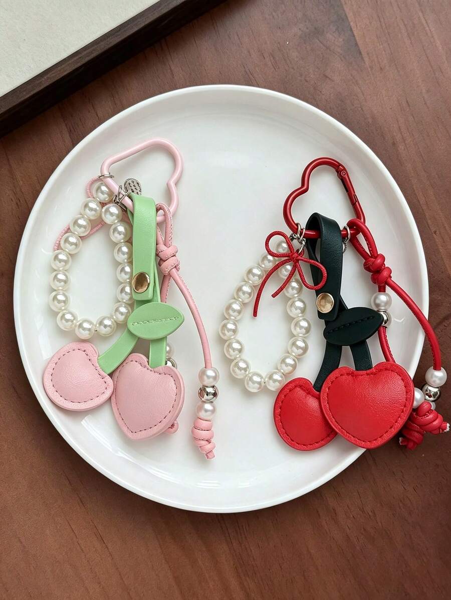 1pc Leather Cherry Heart Shaped Bag Charm With Pearl Beads Heart Carabiner Korean Style Girl Backpack Pendant Keychain - Multicolor - View 1