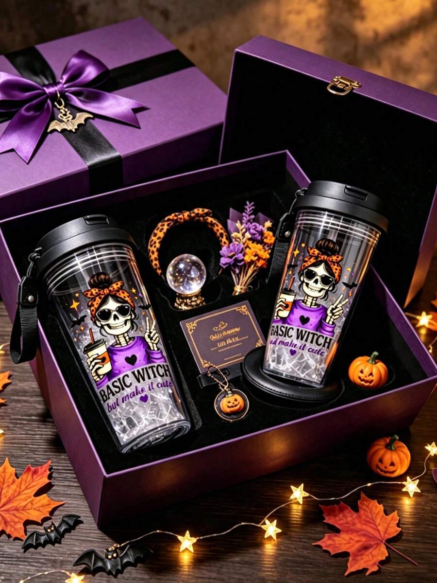 1pc/5pcs 500ml Halloween Summer Water Cup With Skull And Witch Pattern, Transparent Plastic Cup With Flip Lid, Straw And Fabric Handle, Suitable For Iced Coffee, Juice, Oat Milk, Ideal Gift For Best Friend, Birthday, Travel, Car, Office Daily Drinking, All Seasons - Multicolor 1 - View 1