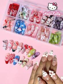 Sanrio Hello Kitty 240片裝（10款混色）杏仁形法式穿戴甲，附可愛3D Hello Kitty與Kuromi裝飾，蝴蝶結、愛心與珍珠設計，完美貼合壓克力假指甲套組，適合女性與女孩日常及派對使用 - 彩色 - 查看 1