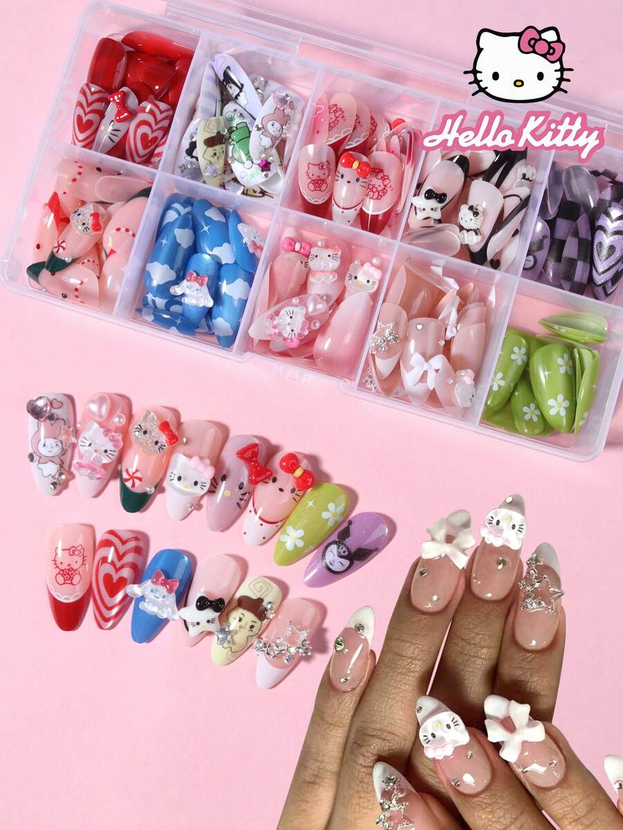 Sanrio Hello Kitty 240片裝(10款混色)杏仁形法式穿戴甲,附可愛3D Hello Kitty與Kuromi裝飾,蝴蝶結、愛心與珍珠設計,完美貼合壓克力假指甲套組,適合女性與女孩日常及派對使用 - 彩色 - 查看 1