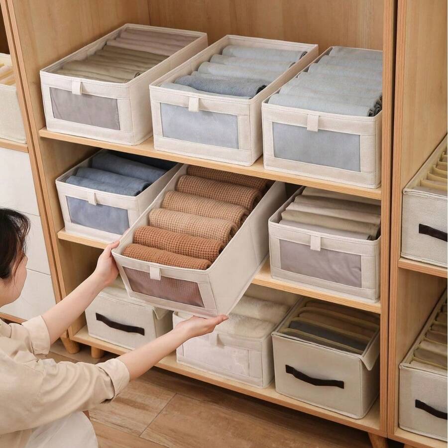 1/2pcs Foldable Fabric Storage Box, Linen Material With Transparent Window And Reinforced Handle, Sturdy Denim Clothing Storage Organizer, Stackable Toy Storage Bin For Living Room, Wardrobe And Closet - White - View 1