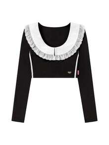 Áo thun nữ CHUU cổ bèo, dáng petite, ôm slim fit, phối ren, tay dài, lớp mặc trong mùa thu - màu đen - Xem 7