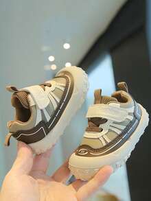 Unisex Baby Colorblock Patchwork Casual Walking Shoes, Hook & Loop Anti-Collision Closed Toe Soft Sole Non-Slip Infant Sports Shoes - Khaki - View 1
