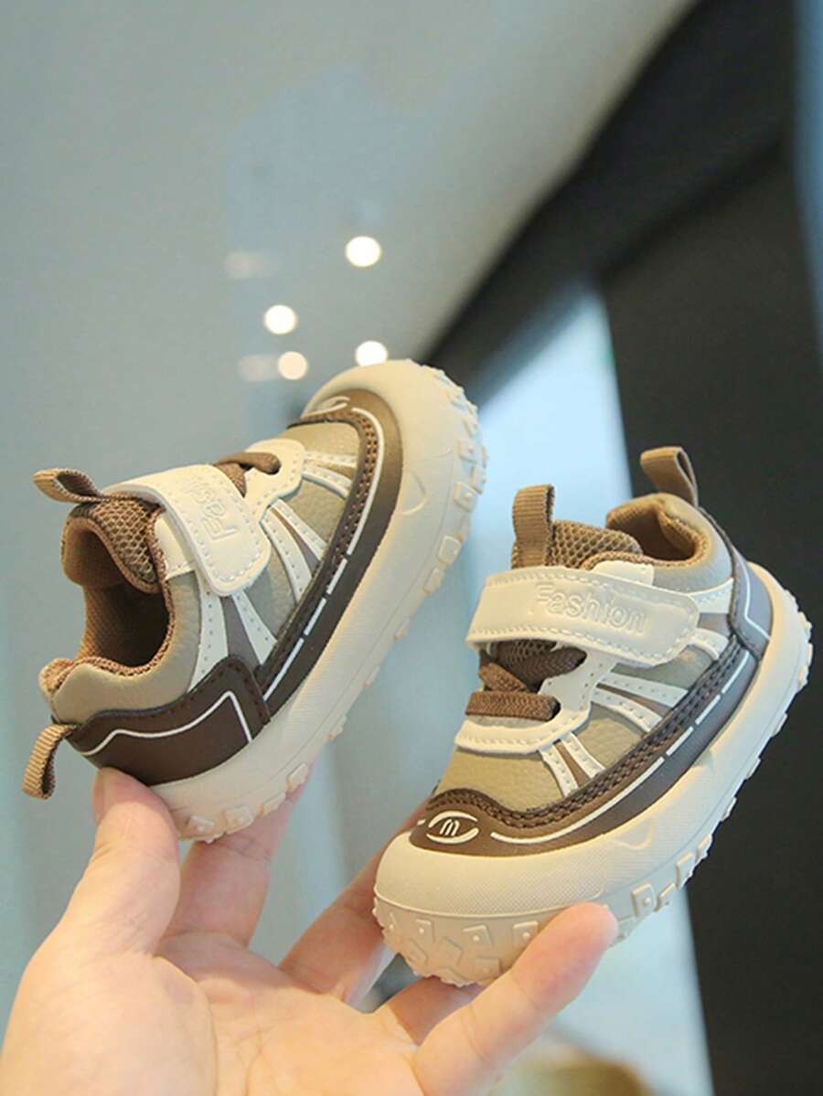 Unisex Baby Colorblock Patchwork Casual Walking Shoes, Hook & Loop Anti-Collision Closed Toe Soft Sole Non-Slip Infant Sports Shoes - Khaki - View 1