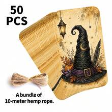 50Pcs Vintage Magic Witch Hat Halloween Gift Tags With String - Rustic Spooky Pumpkin & Magic Lantern Present Wrapping Labels - Autumn Party Favor, Fall Halloween Decor, Treat Bag & DIY Craft Hang Tags - A - View 3